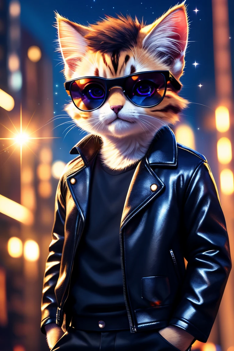 (Highest quality、masterpiece、8k))、Anatomically correct、Very detailed、High resolution、Cinematic lighting、Realistic、((Beautiful, sparkling, detailed eyes))、Intricate details、((Dynamic composition))、Cute kitten、Big head、Black Leather Jacket、Ray-Ban Sunglasses