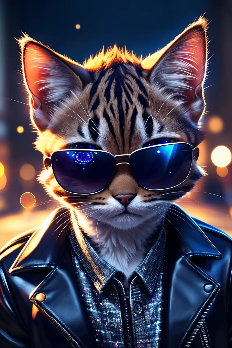 (Highest quality、masterpiece、8k))、Anatomically correct、Very detailed、High resolution、Cinematic lighting、Realistic、((Beautiful, sparkling, detailed eyes))、Intricate details、((Dynamic composition))、Cute kitten、Big head、Black Leather Jacket、Ray-Ban Sunglasses