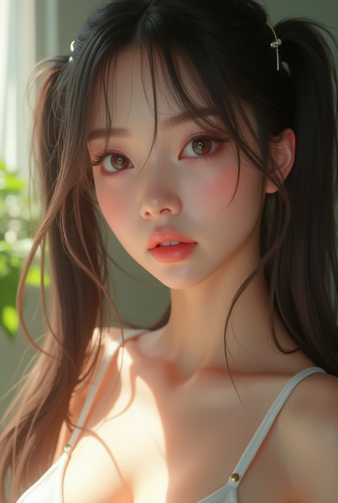 realistic photo, 19 yo, kawaii, (completely naked, bra, navel:1.3), nipples, cleavage, twin tails, detailed face and body, natural lighting, high resolution, photorealistic, (best quality,8k,highres,masterpiece:1.2),ultra-detailed,(realistic,photorealistic,photo-realistic:1.37),realistic skin texture,detailed eyes and lips,beautiful detailed face,long eyelashes,smooth skin,natural body shape, (fine face),