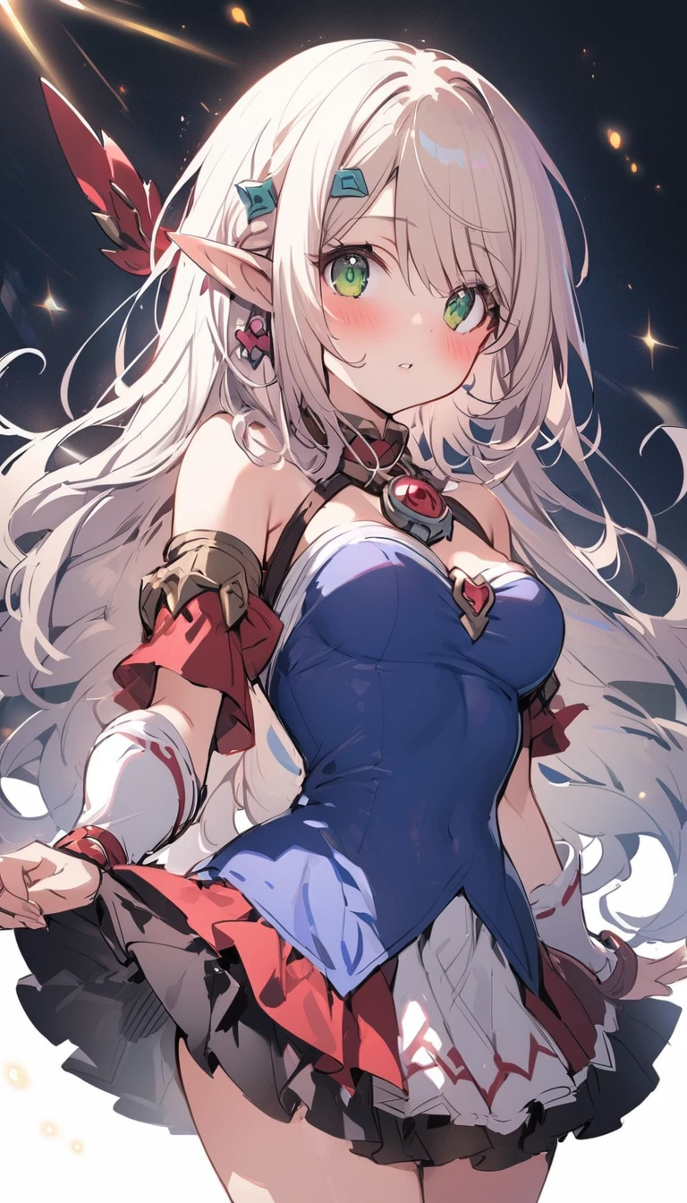 1 girl, princess connect(alisa),elf,elf_ear , (increasing the weight makes things worse),Raise the hand, Are standing, bangs, just_shoulder , blonde, green eyes, blush,long hair,uniform