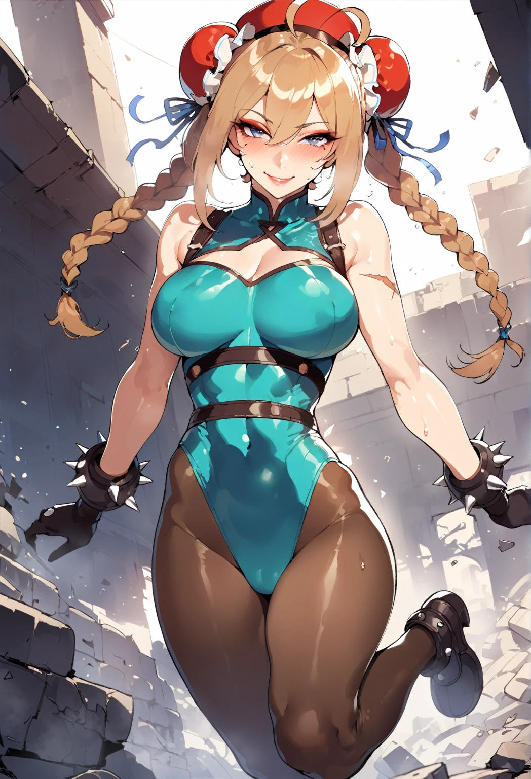 masterpiece,best quality,extreme detail,8k,cammyfn, 1girl, solo, Cammy, long hair, breasts, blue eyes,brown blonde hair, large breasts, gloves, red hat, braid, ahoge, twin braids, leotard, lips, makeup, beret, scar, antenna hair, nose, harness, huge ahoge, green leotard,sleeveless, sweaty,sweat, exhausted,sleeveless,cross eye, full body , 1girl, (solo:1.2), (jumping:1.3), (mid air:1.3), (cowboy shot:1.5), smile, happy, (masterpiece:1.3), (best quality:1.3), (perfect anatomy:1.4), highly detailed, chun li, brown eyes, short hair, double bun, bun cover, blue dress, pelvic curtain, spiked bracelet, sash, brown pantyhose, (post fight scenery:1.3), rubble, outside, daylight, nyantcha, expressive faces, anime-inspired, (cell shading:1.2), lips, merging, kissing, kissed, kiss, merged mouth, merged nose, merged head