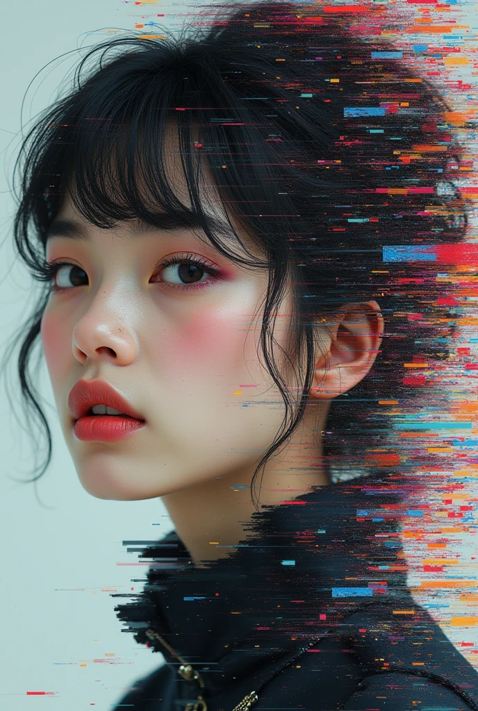 (cover of a magazine:1.3),ulzzang-6500, (realisitic: 1.3) (original: 1.2), work of art, best qualityer, beautiful clean face, whole body, 1 girl, glitch art, (Digital Distortion), pixelated fragments, Data corruption,Color noise, visual chaos,contemporary aesthetic