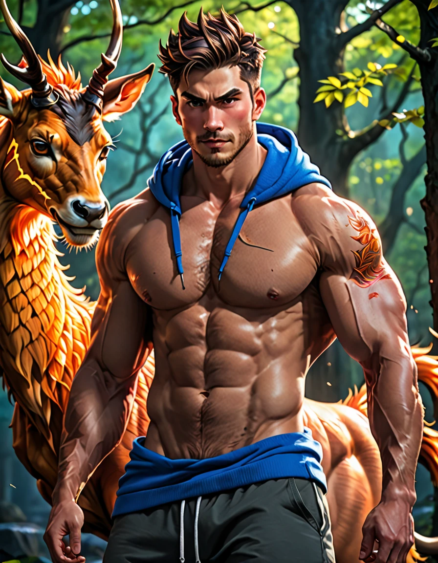 a young brawny male demihuman dragon with muscular build, hoodie, deer-like horn based in Japanese mythology, few scales in body, ((Japanese dragon)), detailed face, fantasy art, digital painting, cinematic lighting, vibrant colors, dramatic atmosphere, hyper detailed, 8k, photorealistic, full body view.