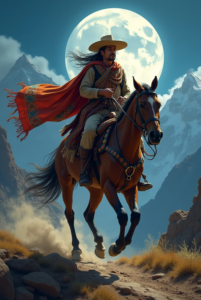 Rider on his horse with his chola chumbivilcana galloping under the full moon between the mountains of the Peruvian sierra  