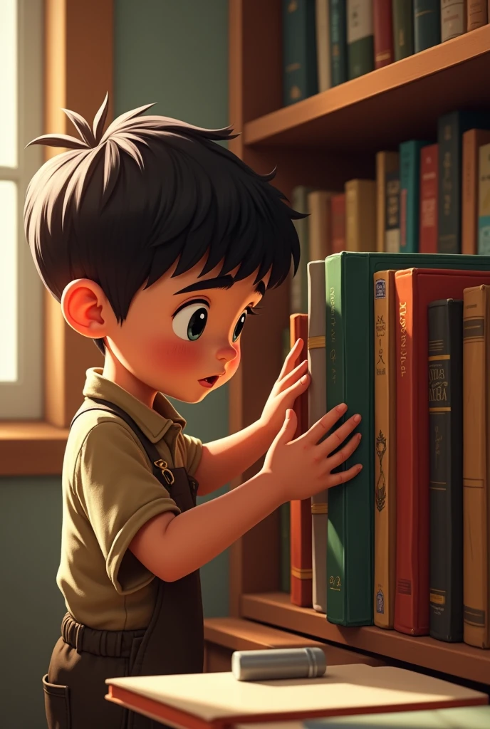 Timmy Sorting Books: "A boy organizing books on a shelf, focusing on placing them neatly and accurately