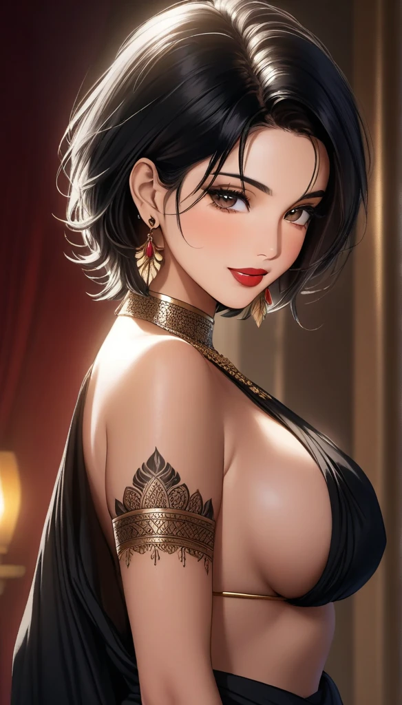 A beautiful mature woman bending down downside in a plain silk black Arabic saree, exposing her ,intricate feather earrings, detailed alluring eyes, smooth lips, smiling, red lipstick, exposed navel, bangles,  saggy breasts, photorealistic, 8k, high quality, masterpiece, cinematic lighting, vibrant colors, intricate details, short messy hair, tattoo on neck 