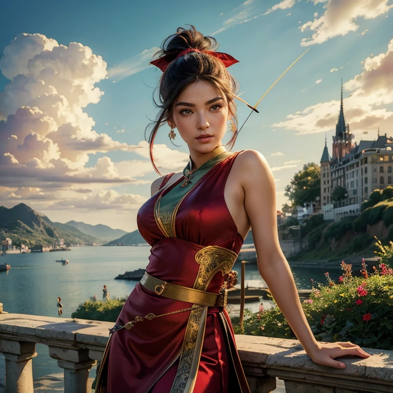 (masterpiece, best quality:1.5), highest quality, High resolution, super detailed, Realists, Upper body photo of a black-haired archer, detailed and beautiful eyes, beautiful detailed lips, very detailed eyes and face, longeyelashes, Archer in a red dress of shimmering satin, Simple details in the fabric. Beautiful and colorful makeup, ponytail hairstyle, Gardens as background, bright daylight, bright colors, fine brushstrokes, Portrait style, beautiful color palette, glowing skin, First-class rendering, that captures every detail, enchanting atmosphere, (perfect anatomy:1.2), (The stunning archer holds a bow. (magnificent panorama view:1.2)