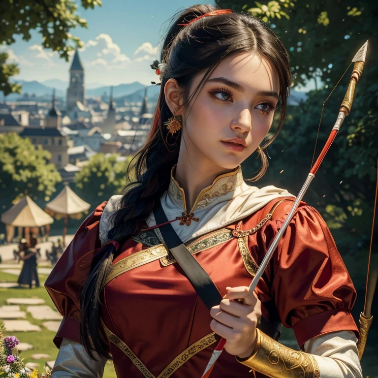 (masterpiece, best quality:1.5), highest quality, High resolution, super detailed, Realists, Upper body photo of a black-haired archer, detailed and beautiful eyes, beautiful detailed lips, very detailed eyes and face, longeyelashes, Archer in a red dress of shimmering satin, Simple details in the fabric. Beautiful and colorful makeup, ponytail hairstyle, Gardens as background, bright daylight, bright colors, fine brushstrokes, Portrait style, beautiful color palette, glowing skin, First-class rendering, that captures every detail, enchanting atmosphere, (perfect anatomy:1.2), (The stunning archer holds a bow. (magnificent panorama view:1.2)