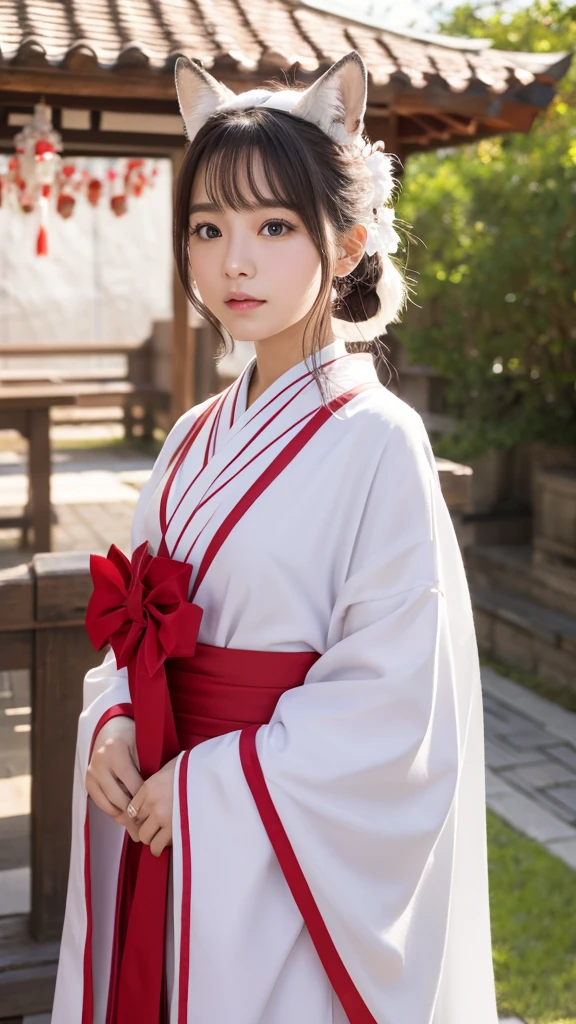 The beauty of the white fox、Pale skin、tail、shrine、8k、Shrine maiden costume、look forward to、Overall image、Red lines on face
