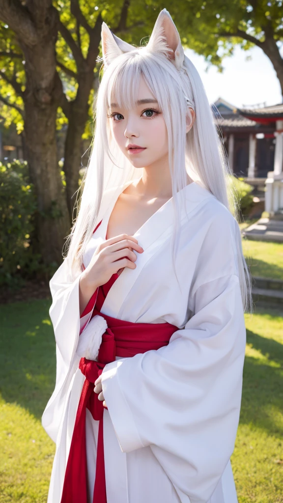 The beauty of the white fox、Pale skin、tail、shrine、8k、Shrine maiden costume、look forward to、Overall image、Red lines on face