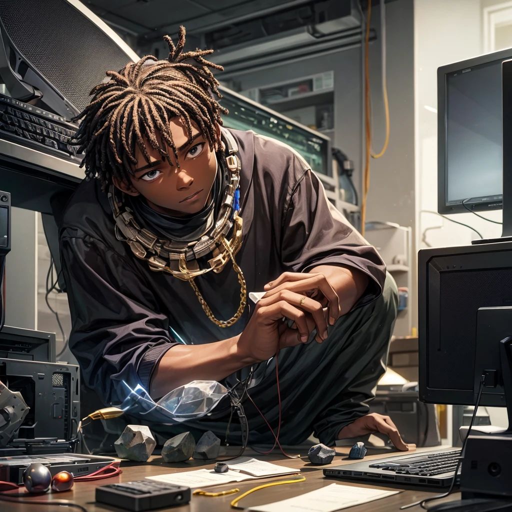 A poor black boy building a computer out of stones