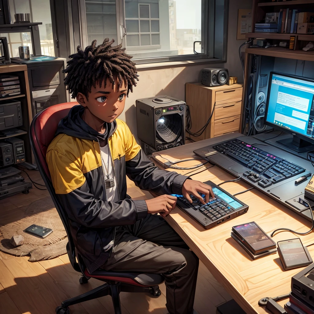 A poor black boy building a computer out of stones