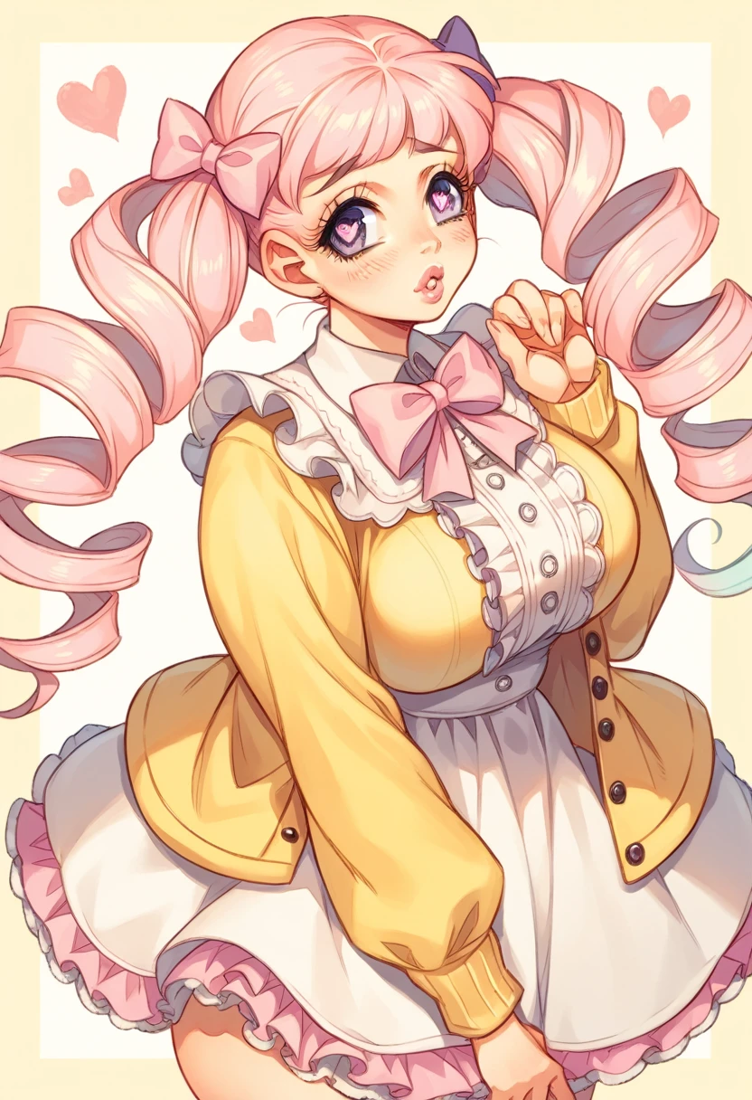 Cute, girl, pastel long lavender hair, curly twintails, purple eyes, heart shaped pupils, plump lips, big breasts, hourglass figure, slender, ruffle pastel bow blouse, pastel Skirt, white lacy stockings, petticoat, pastel yellow cardigan