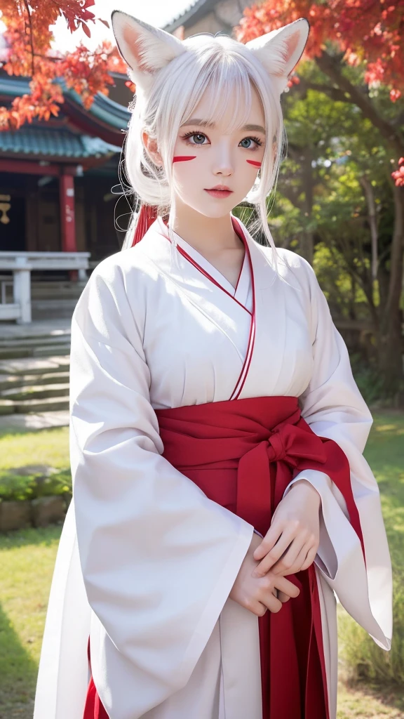 The beauty of the white fox、Pale skin、tail、shrine、8k、Shrine maiden costume、look forward to、Overall image、Red lines on face