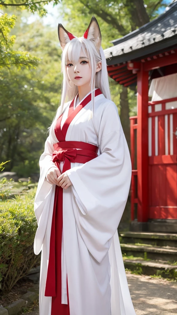 The beauty of the white fox、Pale skin、tail、shrine、8k、Shrine maiden costume、look forward to、Overall image、Red lines on face