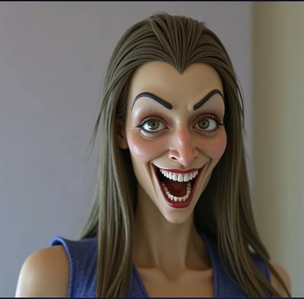 a detailed evil witch with a big nose, big forehead, long hair, raised eyebrows, perfect teeth, wearing a blue dress, evil laugh, cinematic lighting, hyperrealistic, 8k, highly detailed, photorealistic, masterpiece