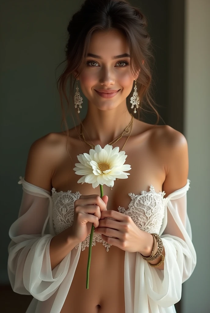 Captivating photo of a young woman radiating grace and elegance. She stands boldly in miniature white panties. She tenderly holds a stunning bouquet of bright red, blue, green and yellow flowers, her eyes closed in serenity. Her breasts are beautifully heaving, looking organic amidst the bouquet. The girl's beauty and bright young nipples harmonize with the bright colors of the flowers, creating a visually hypnotizing and harmonious balance.