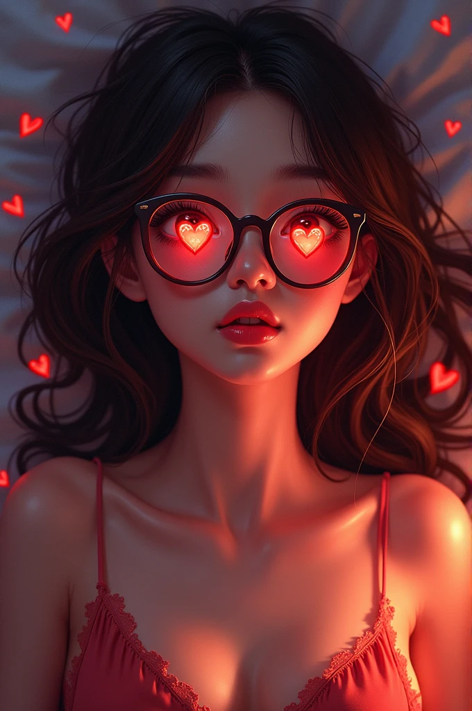 (masterpiece), best quality, expressive eyes, perfect face,Hearts in the eyes, a sister lying in bed in love, thin, tall, colorful dress, long brown hair, glasses, red face,Big ass,