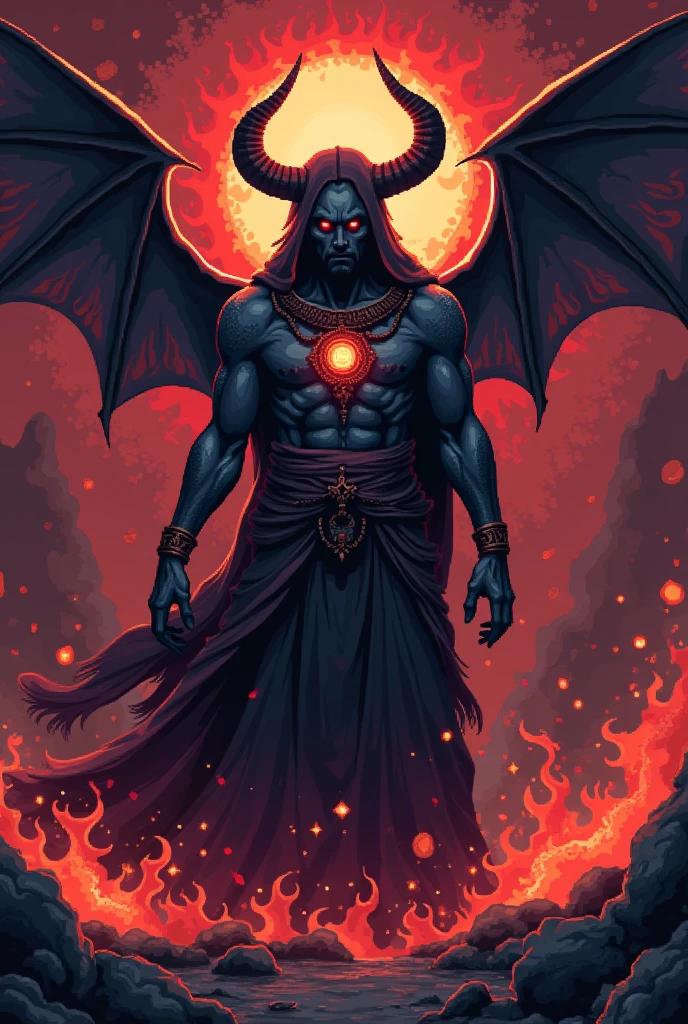 Use pixel art to Make a man who has dark tarot powers and he is fighting demons in hell 