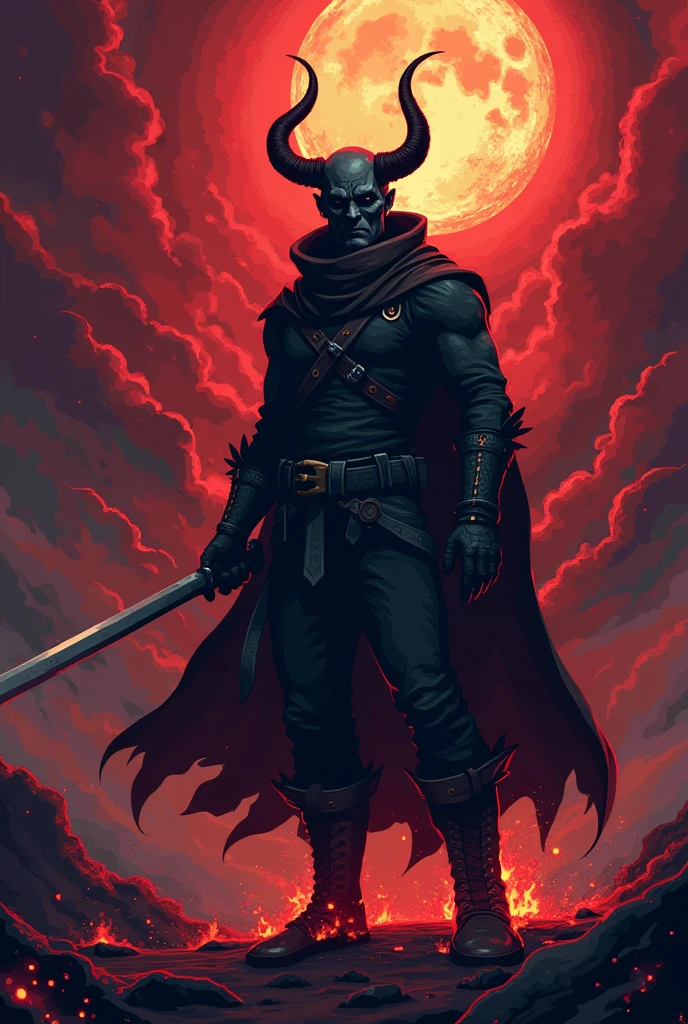 Use pixel art to Make a man who has dark tarot powers and he is fighting demons in hell