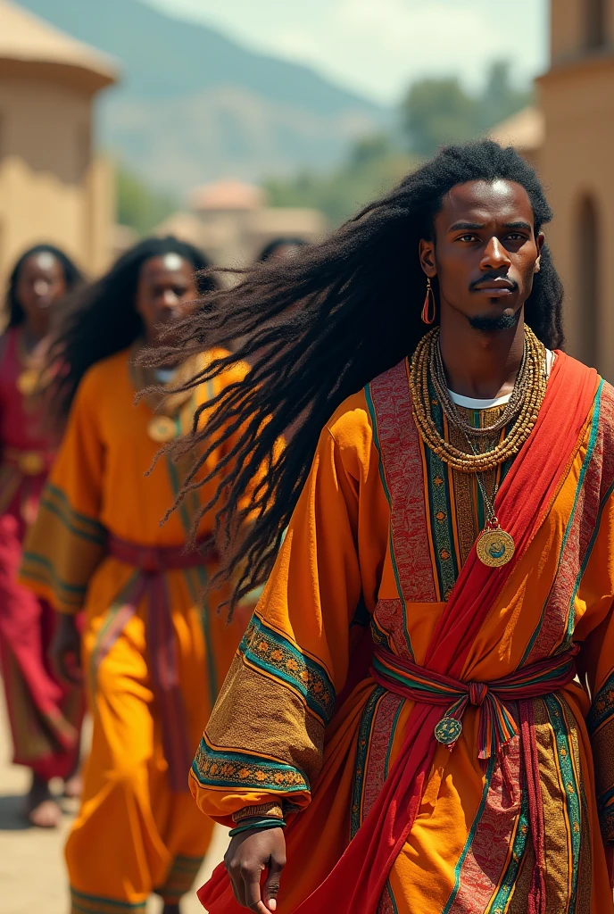 Generate a oromo young men with long hair wearing culture clothes and walk to some where