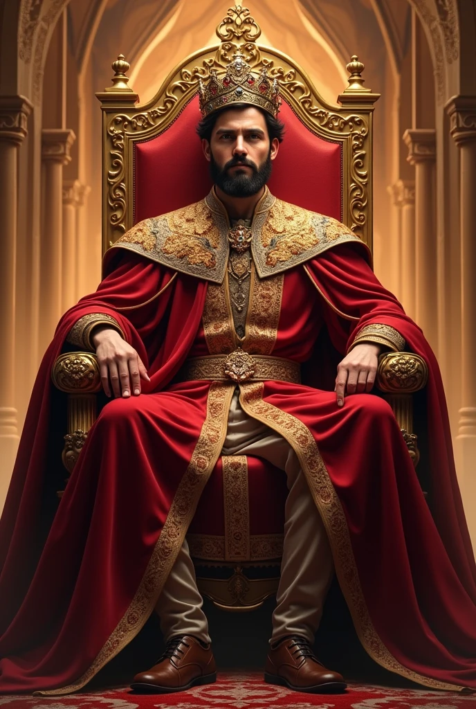 Young king with beard sitting on his orange throne