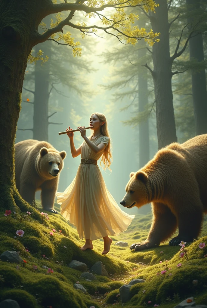An elf playing the flute and dancing with bears in the forest
