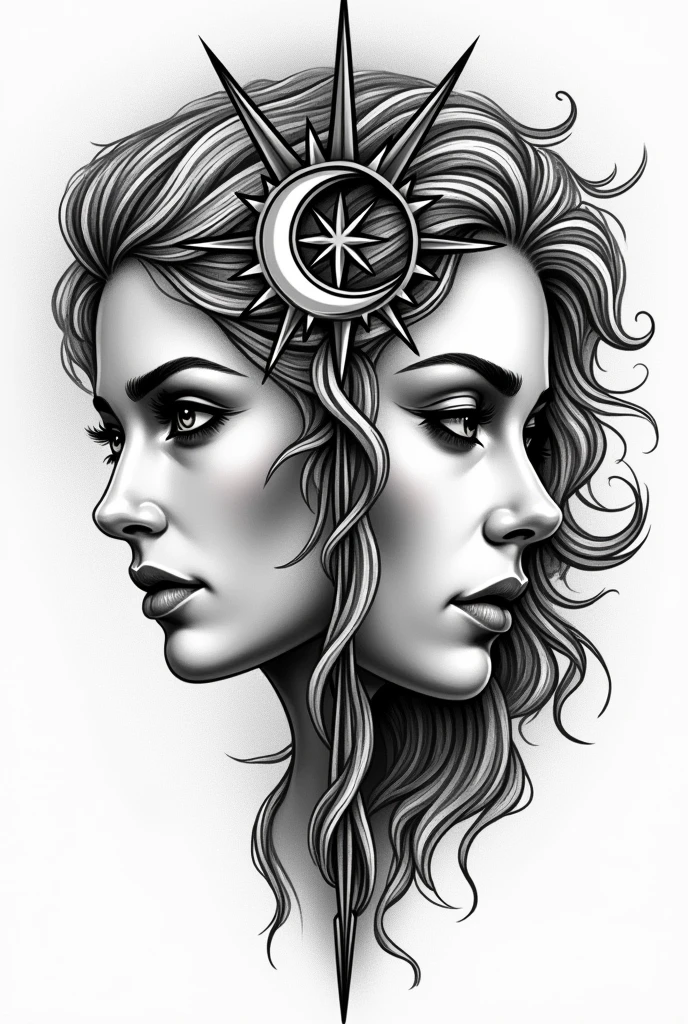 The face of a lush Valkyrie and a sun, and the face of an aphrodite and a moon in black and white
, tattoo design format of them looking at each other