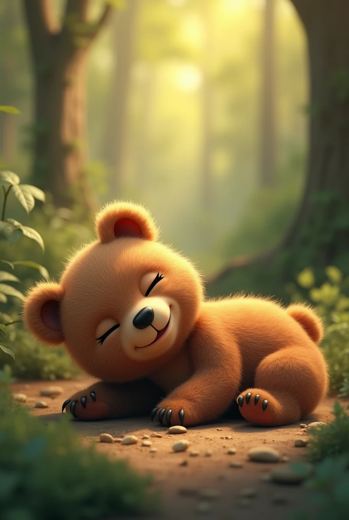 Highest quality Animated cute baby bear smiling with mouth closed and eyes closed lying on his side in the forest Natural light 3d