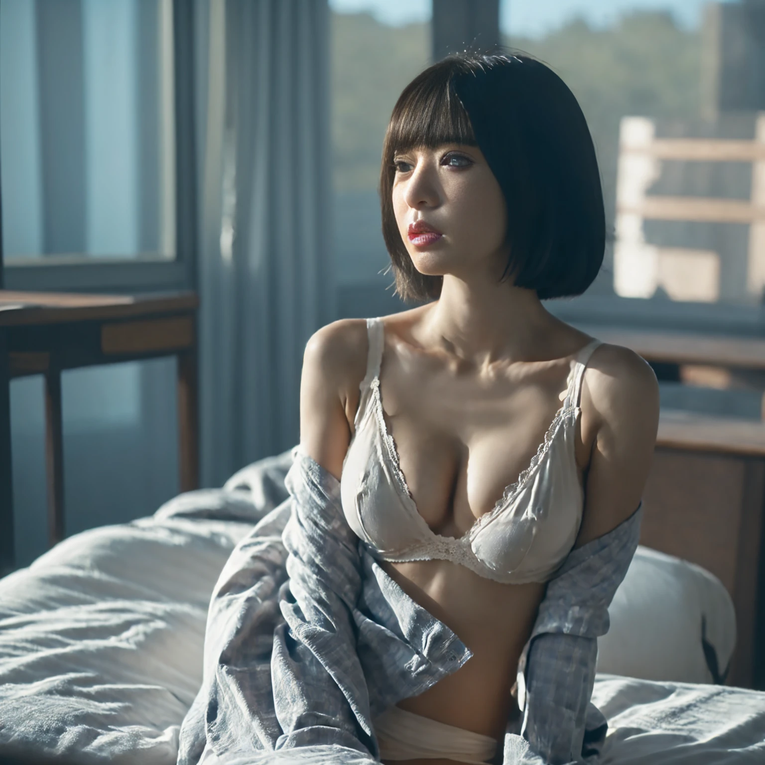 (score_9, score_8_up:1.1), score_7_up, see-through, navel, underwear, 1girl, an2,solo, standing, (anochan),cowboy shot, indoors, very small breasts, slender body,cleavage,