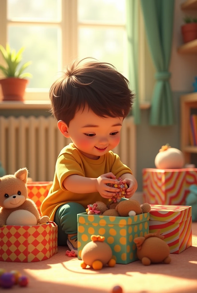 Timmy Putting Toys in Boxes: "A carefully placing toys into colorful boxes, with some toys already organized on the floor."