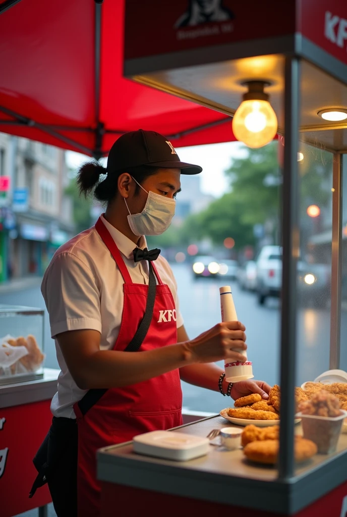 A driver selling KFC chicken in Bangkok during the day.