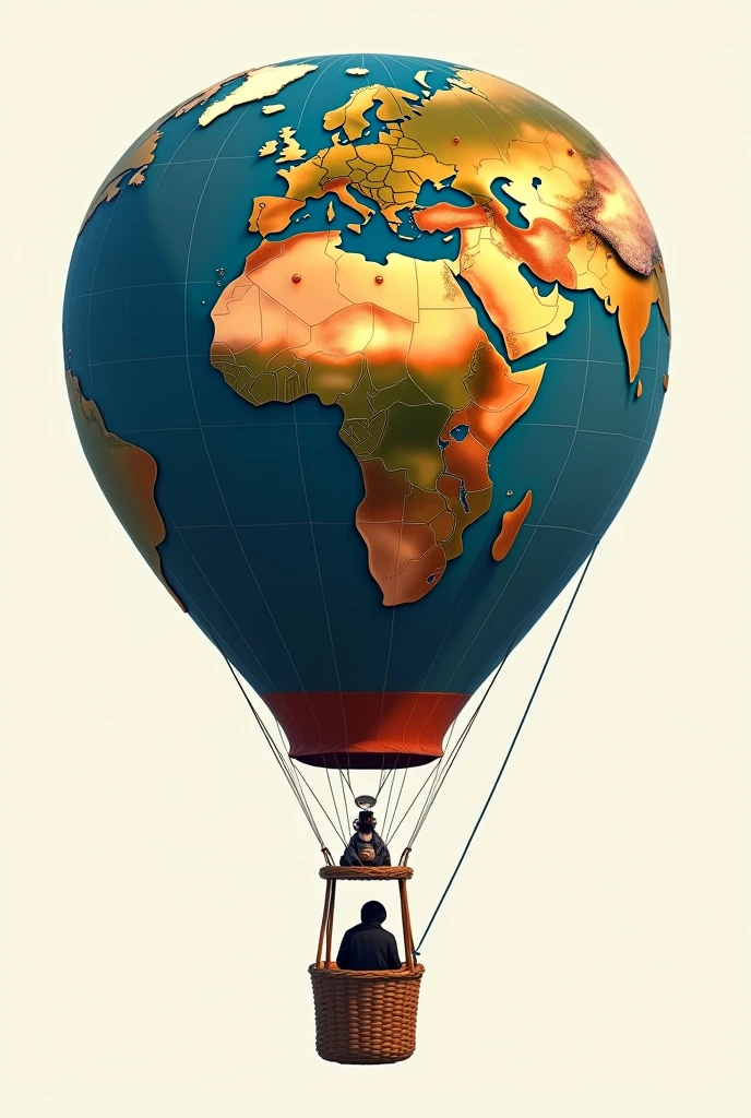 Logo for a web page containing a hot air balloon with the texture of the abstract colored planet Earth and in the basket there is a person exploring with an explorer suit in black shadow
