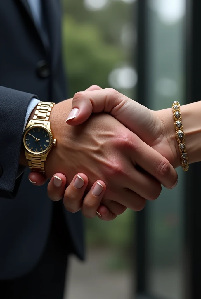 Two hands shaking each other, one veiny male hand with flashy watch and the other female hand with gold bracelet and nice long nails, realist
