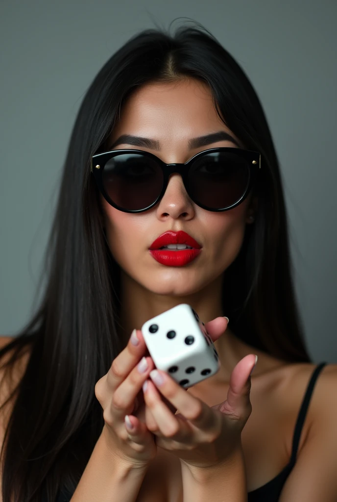 Beautiful woman with long straight black hair, wearing sunglasses and holding a large dice in his hands showing it in front and giving a kiss