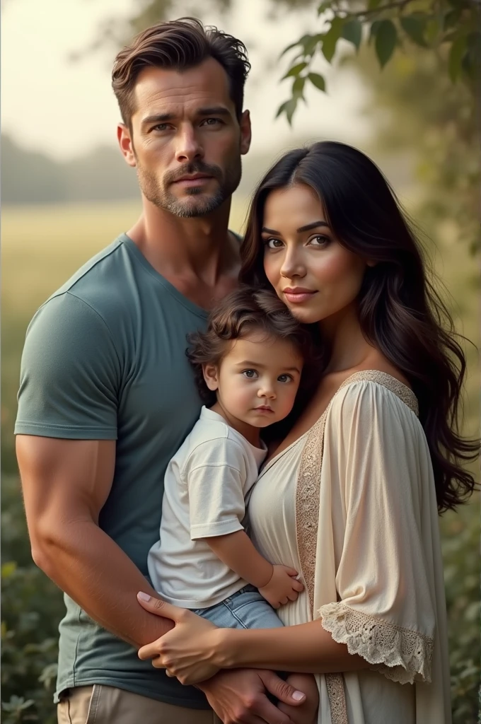 With AI make a photo of two people with features of Henry Cavill and Negin Mirsalehi she has brown hair. And with their children, a three--old with black hair reaching his forehead and a one-year-olrl, w short hair