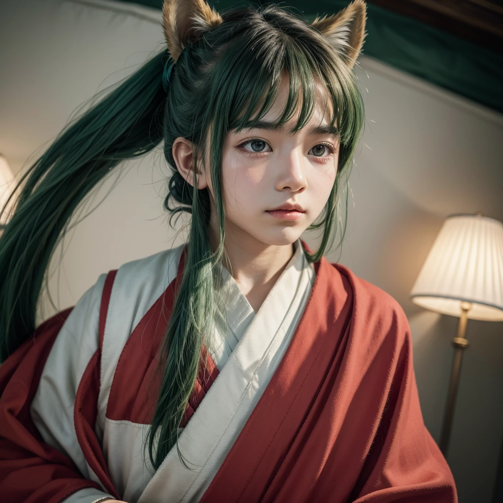 A young boy with long green hair wearing a red kimono, wolf's ears, closed mouth, simple background, soft pastel colors, smooth picture, retro anime style of the 1980s and 1990s, work of art, best quality