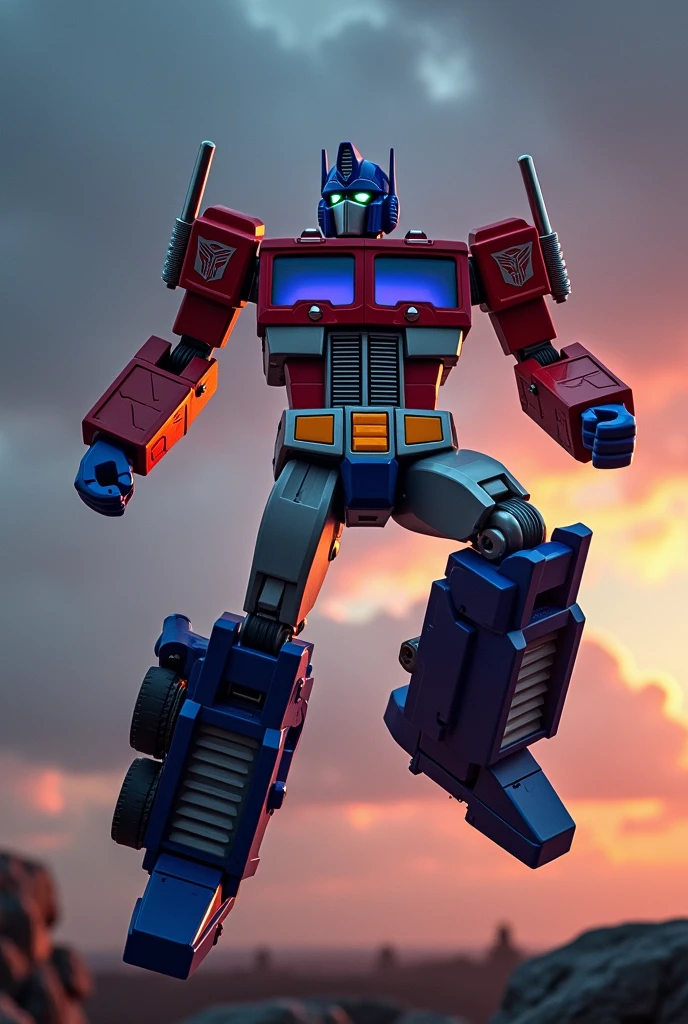 Optimus prime jump on dark sky. Battle effect background.