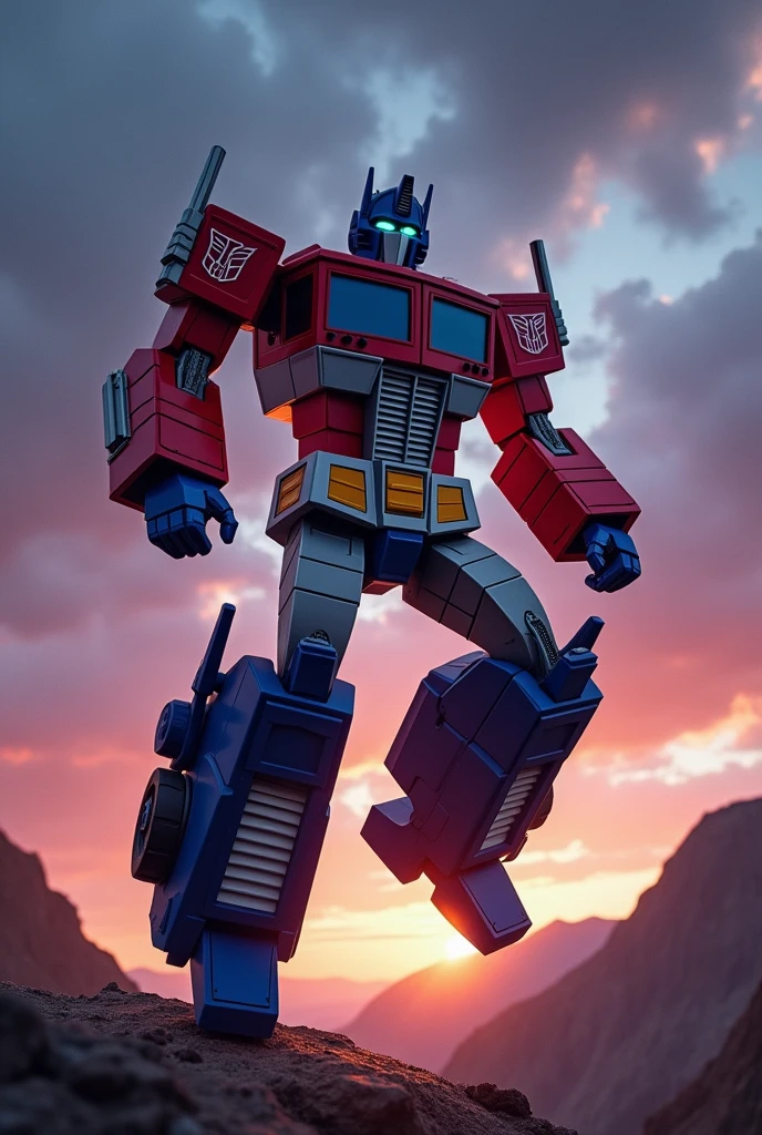 Optimus prime jump on dark sky. Battle effect background.