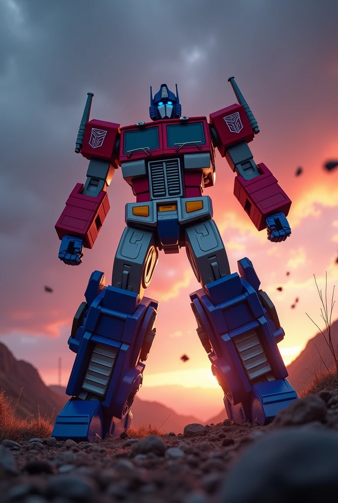 Optimus prime jump on dark sky. Battle effect background.