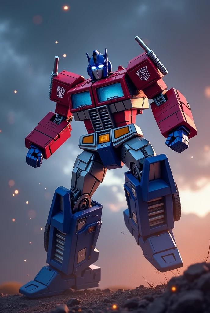 Optimus prime jump on dark sky. Battle effect background.