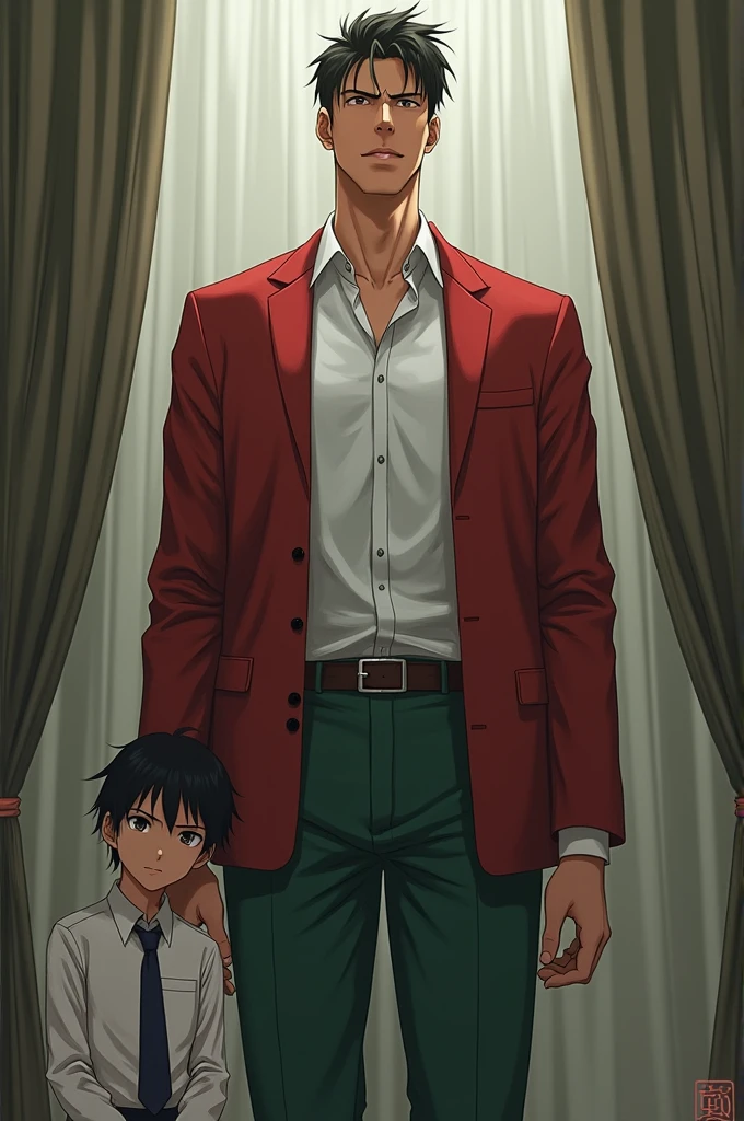 (masterpiece, best quality, sharp image, professional art: 1.5), Man: 1.5, alone, tall, thin, fit, strong,, 1 boy, kiyotaka, (looking at viewer, photo, hands on sides, very detailed hands:1.3), [apathetic, emotionless, expressionless:1.2], (curtain hairstyle, parted bangs, brown hair, brown hair:1.3), (apathetic eyes, brown eyes, bright brown eyes, brown eyes:1.15) , (school uniform, red jacket, open jacket, green pants, with shirt, with shirt:2, topless, with clothes on the torso, 8 package:1.15),youkoso jitsuryoku shijou shugi no kyoushitsu e, tomose shunsaku, 