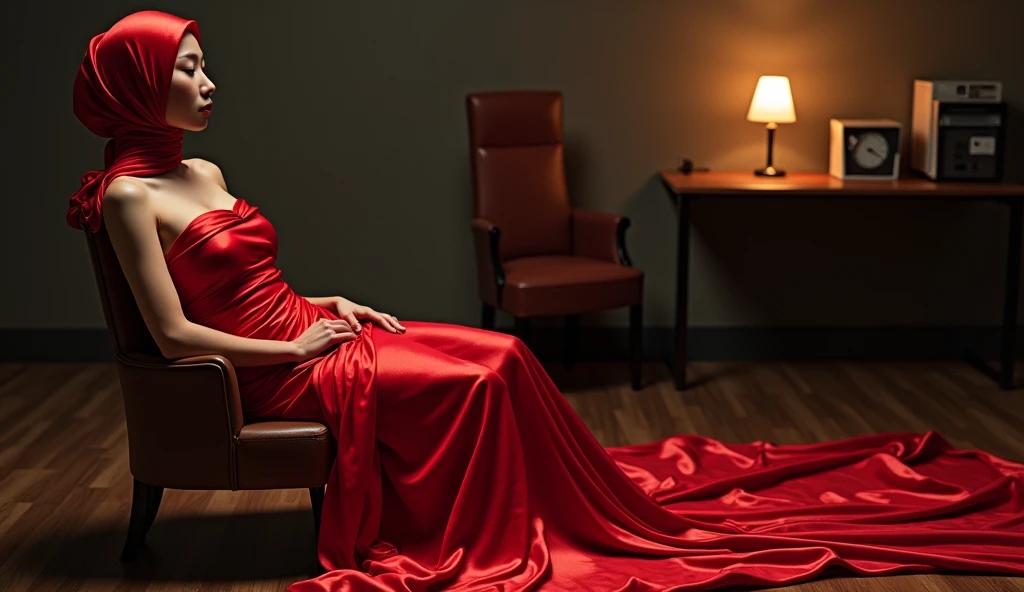 Asian woman mummified in red satin, mermaid-style, fabric clings tightly, immobile, full-body encapsulation, entirety of fabric about 7 meters in length trailing dramatically, overlong satin train, extreme detail on the texture of the satin, highlighting its reflective quality, cinched at the ankle, sexy pose, in office room, dramatic lighting, ultra realistic, high-resolution photography.