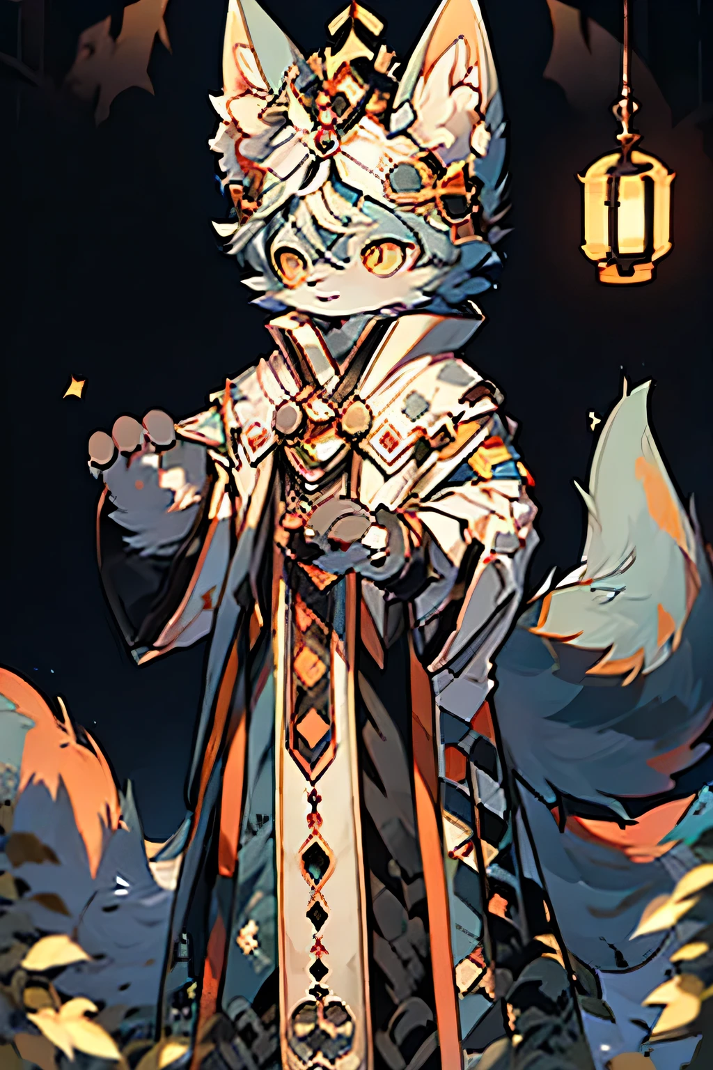 main body： A little fox with orange fur standing on the grass。Its body is small and flexible，Hair is soft and shiny，Orange-red hue。 Head features： Its head is in proportion to its body，The golden eyes are big and bright like the full moon，Shining with wisdom。Slight bags under the eyes，Adds a bit of cuteness。There is a crescent-shaped blue fluorescent pattern on each corner of the eye，It flickers slightly as it moves.，It seems as if a mysterious force is protecting it.。 clothing： It wears a silver robe.。The robe is light and flowing，Gently swing with the breeze，It gives a comfortable feeling。The robe is embroidered with complex spell patterns，These patterns not only add decorative，It also suggests that this robe may contain some mysterious power.。 Posture and Movement： Little fox beastman standing，Strong and powerful limbs，The tail is fluffy and raised。Its ears stand upright，Seems to be listening to the sounds around。Smiling Face，The whole posture reveals a sense of confidence and curiosity。In its hand, it holds a fluorescent blue insect net.，There is a silver lantern on the ground next to me.： Grassland bathed in moonlight，The dew on the grass leaves sparkles with a faint light。The sky in the distance is dotted with stars，The city lights shine together，It forms a quiet and mysterious night scene.。 Tone and Mood： The overall tone is mainly warm colors，Create a warm and dreamy atmosphere。The addition of moonlight and starlight adds a touch of mystery and romance to the scene.。 Hopefully this description will help you or an artist transform this scene into a beautiful painting.。
masterpiece，Top quality，best quality
