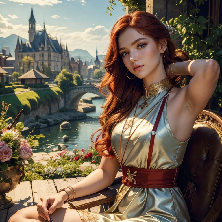 (​masterpiece, best quality:1.5), highest quality, High resolution, super detailed, Realists, Upper body photo of a red-haired archer, detailed and beautiful eyes, beautiful detailed lips, very detailed eyes and face, longeyelashes, Archer in shiny silver satin dress, Simple details in the fabric. Beautiful and colorful makeup, open hair, Gardens as background, bright daylight, bright colors, fine brushstrokes, Portrait style, beautiful color palette, glowing skin, First-class rendering, that captures every detail, enchanting atmosphere, (perfect anatomy:1.2), (The stunning archer holds a bow.  (magnificent panorama view:1.2)