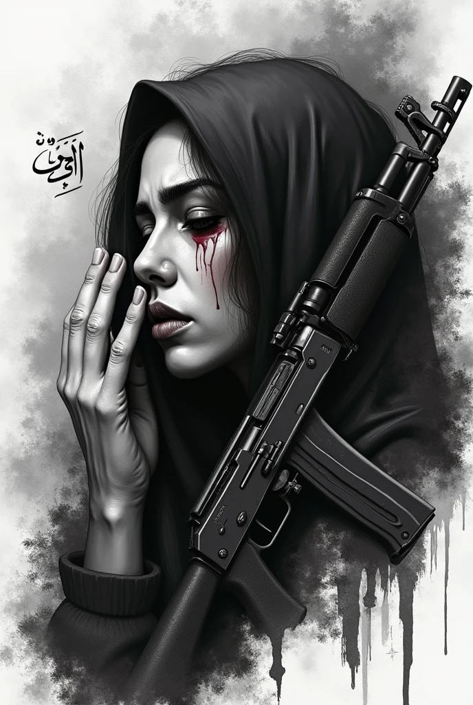 side view drawing of a beautiful arab woman covering half her face with a sad look, crying blood and with an ak47, smoke and around it a shaded gradient with graffitied Arabic characters forming an art , drawing as if it were a black and white tattoo
