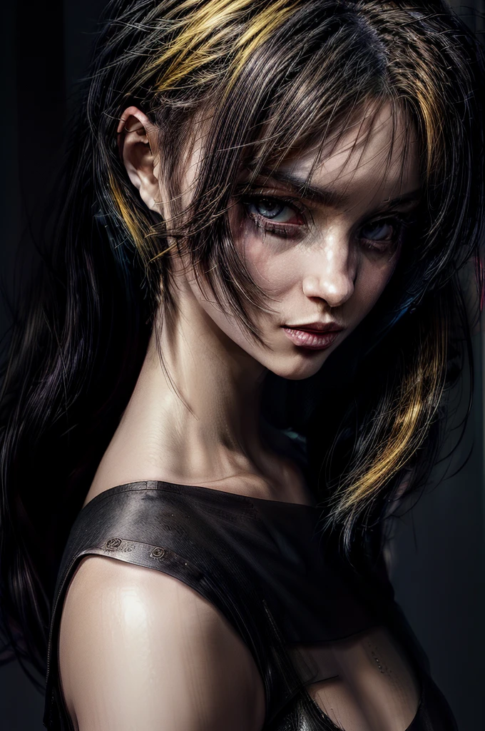 highest quality, cinematic lighting, (volumetric lighting), extremely detailed, extremely detailed, ultra realistic, sharp focus, detailed and intricate, 1024k UHD wallpaper, hdr, 8k, dslr, raw photography, soft lighting, sharp focus, (best quality:1.4, ultra-detailed:1.1, lighting:1.1, shadow:0.9, ray tracing:1.4), real light, very true, very clear detailed details, cyberpunk fantasy concept art, colorful, vivid colors, rich hues, 1girl, solo, Holo-Punk Style, yellow eyes, mascara, black hair, (highlights hair, fluorescent yellow hair streaked hair), pixie cut, black lips, seductive smile, makeup, medium breasts, yellow crop top, bare arms, black layered skirt, arms behind back, standing, head tilt, cyberpunk, city, street, night, blurred background, dynamic lighting, (breathtaking), (masterwork:1.3), (stunningly beautiful), (anatomically correct:1.3), epic, scifi, futuristic art, cyberpunk art by butcher billy, sticker, colorful, illustration, highly detailed, simple, smooth and clean vector, no jagged lines, vector art, smooth, cover art, posing, (cyberpunk), looking at viewer, cowboy shot, expressive eyes, intense and powerful,