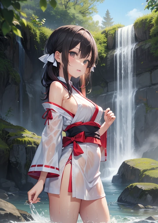 nsfw,(1_girl),(cowboy_shot:1.5),(Mai Shiranui cosplay:1.5),(collarbone:1.5),(((slip_nipple:1.5))),(pelvic_curtain_lift:1.5),(no_panties:1.5),(vagina:1.5),(blush),(shy_smile), (eyes_in_highlight:1.5),(droopy_eyes:1.5),(tareme:1.5),(Round_eyes:1.5),(blue_eyes:1.1),black hair,(hairband:1.5), (hair_bow:1.5),(bangs),(_face), medium breast, masterpiece, best quality,ultra-detailed,highres,extremely detailed CG,super fine illustration,anime,details,detailed beautiful skin,beautiful face,detailed_eyes,look at viewer,(forest:1.5),