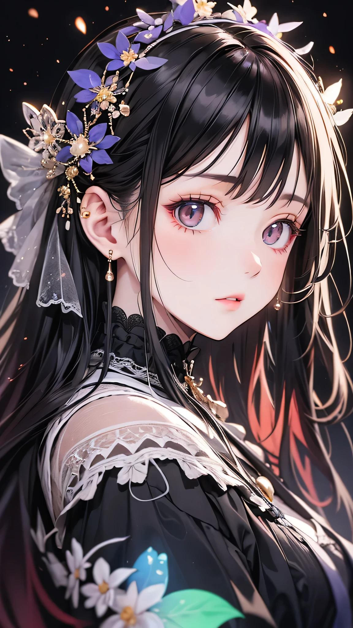 Anime girl with long black hair and blue eyes wearing a flower crown ...