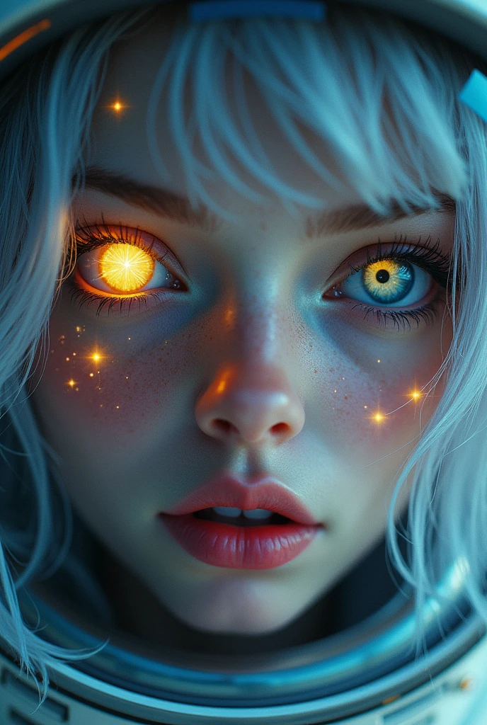 (Close-up of a better masterpiece:1.5)0.9], (Space and astronauts:1.2) (Messy silver hair:1.1) (Heterochromia xanthochromia and blue eyes:1.2) (Space Helmet:1.0) (Colored stars in the eyes:1.0) (A radiant glow:1.1) (thick lips:0.9)